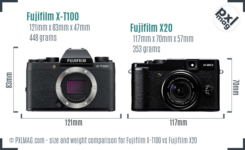 Fujifilm X-T100 vs Fujifilm X20 size comparison