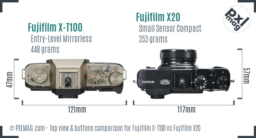 Fujifilm X-T100 vs Fujifilm X20 top view buttons comparison