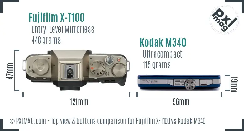 Fujifilm X-T100 vs Kodak M340 top view buttons comparison