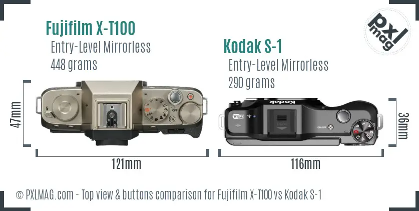 Fujifilm X-T100 vs Kodak S-1 top view buttons comparison