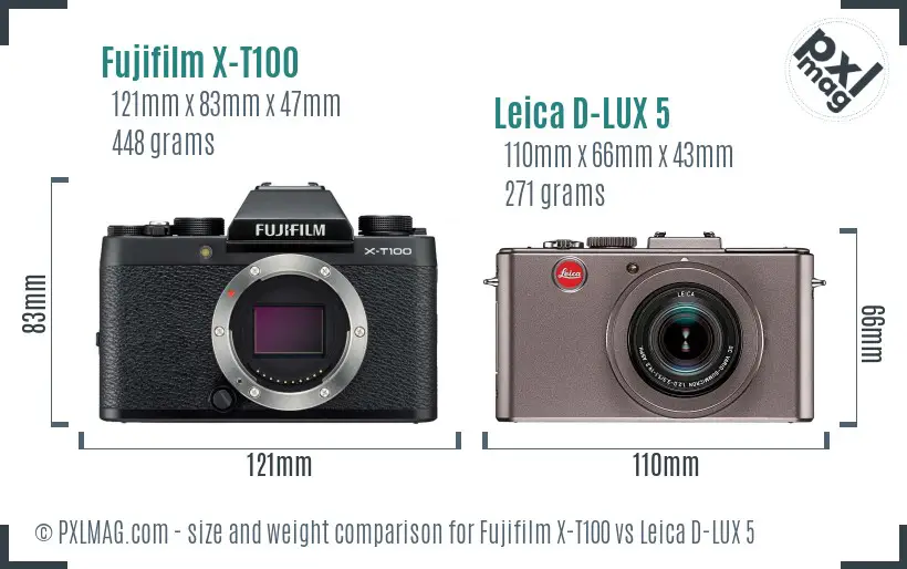 Fujifilm X-T100 vs Leica D-LUX 5 size comparison