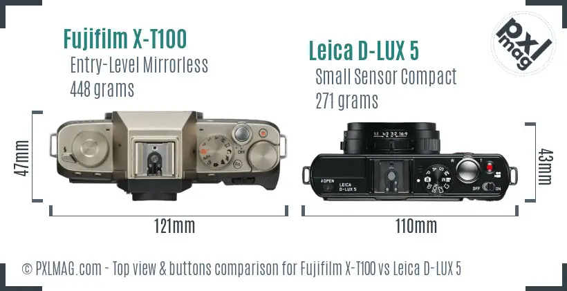 Fujifilm X-T100 vs Leica D-LUX 5 top view buttons comparison