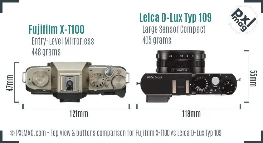 Fujifilm X-T100 vs Leica D-Lux Typ 109 top view buttons comparison