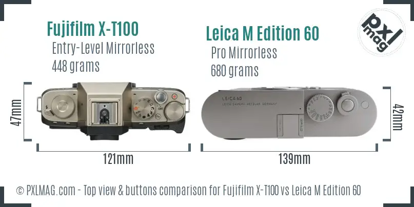 Fujifilm X-T100 vs Leica M Edition 60 top view buttons comparison
