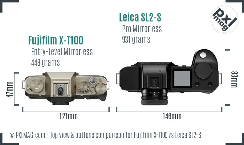 Fujifilm X-T100 vs Leica SL2-S top view buttons comparison