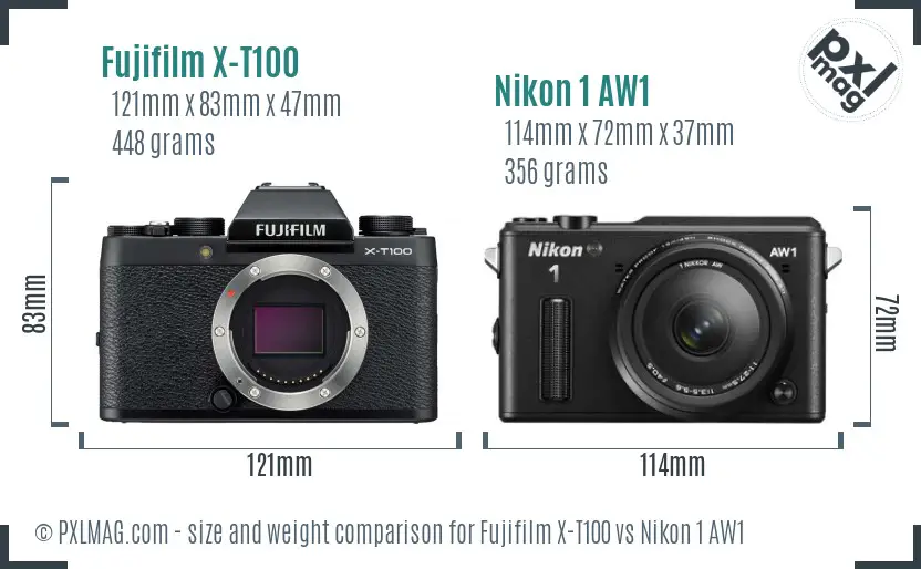Fujifilm X-T100 vs Nikon 1 AW1 size comparison