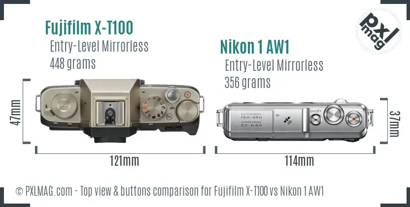 Fujifilm X-T100 vs Nikon 1 AW1 top view buttons comparison