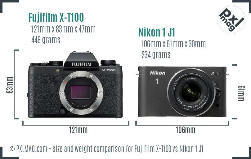 Fujifilm X-T100 vs Nikon 1 J1 size comparison