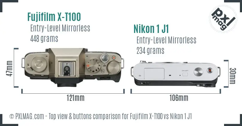 Fujifilm X-T100 vs Nikon 1 J1 top view buttons comparison