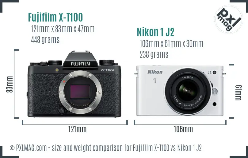 Fujifilm X-T100 vs Nikon 1 J2 size comparison