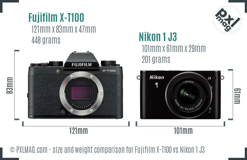 Fujifilm X-T100 vs Nikon 1 J3 size comparison Fujifilm X-T100 vs Nikon 1 J3 size comparison