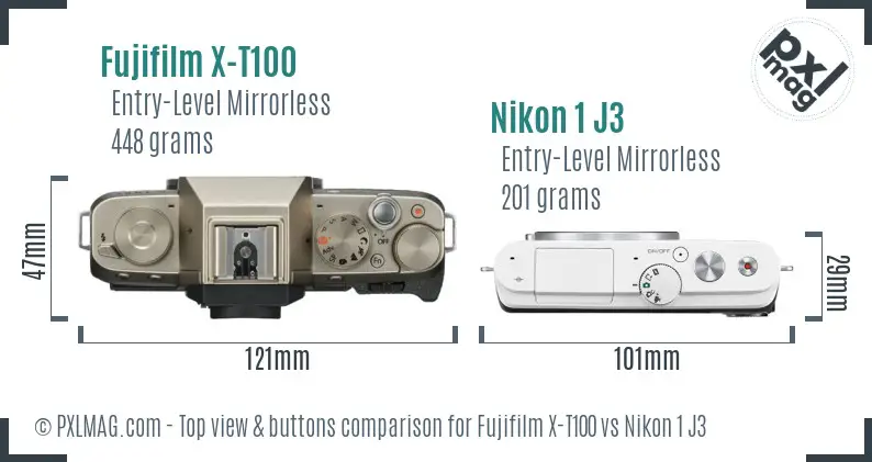 Fujifilm X-T100 vs Nikon 1 J3 top view buttons comparison Fujifilm X-T100 vs Nikon 1 J3 top view buttons comparison