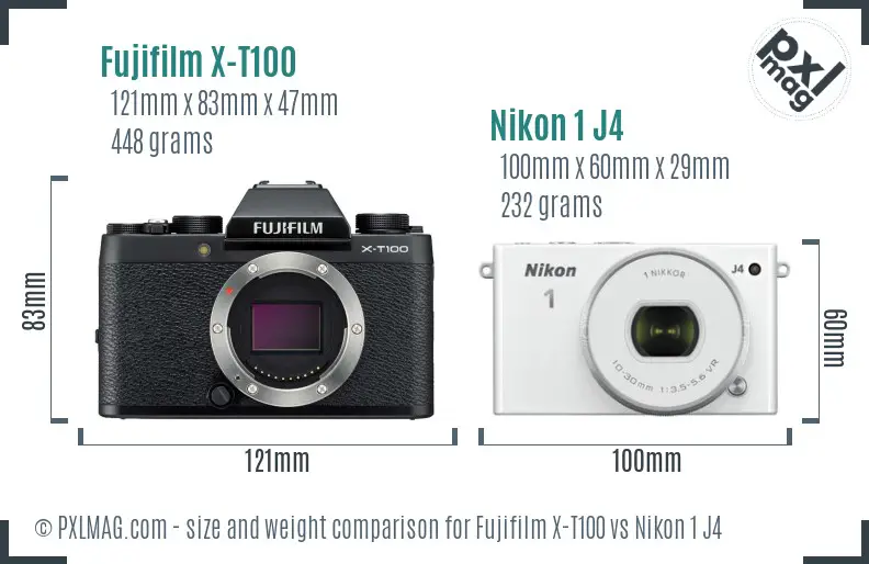 Fujifilm X-T100 vs Nikon 1 J4 size comparison
