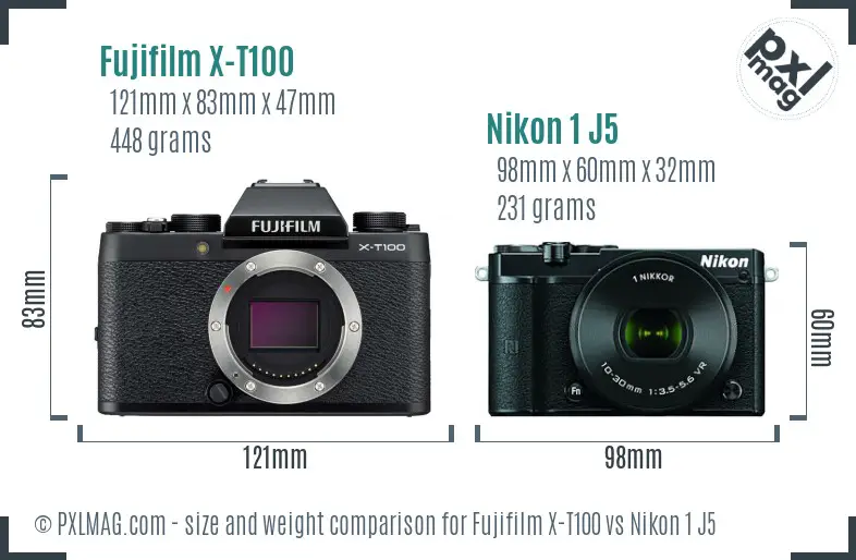 Fujifilm X-T100 vs Nikon 1 J5 size comparison