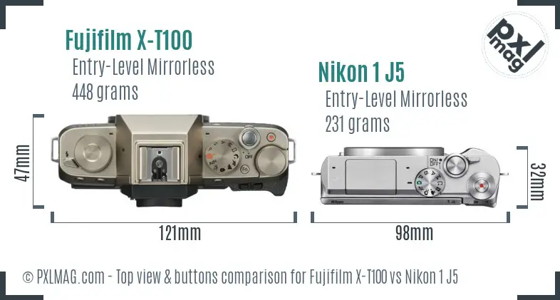 Fujifilm X-T100 vs Nikon 1 J5 top view buttons comparison