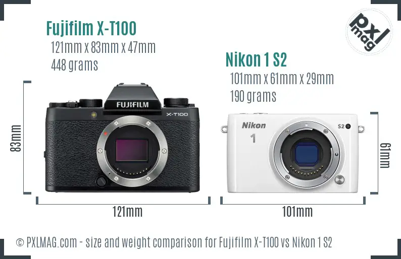 Fujifilm X-T100 vs Nikon 1 S2 size comparison