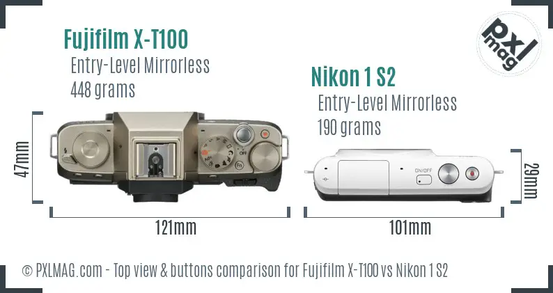 Fujifilm X-T100 vs Nikon 1 S2 top view buttons comparison