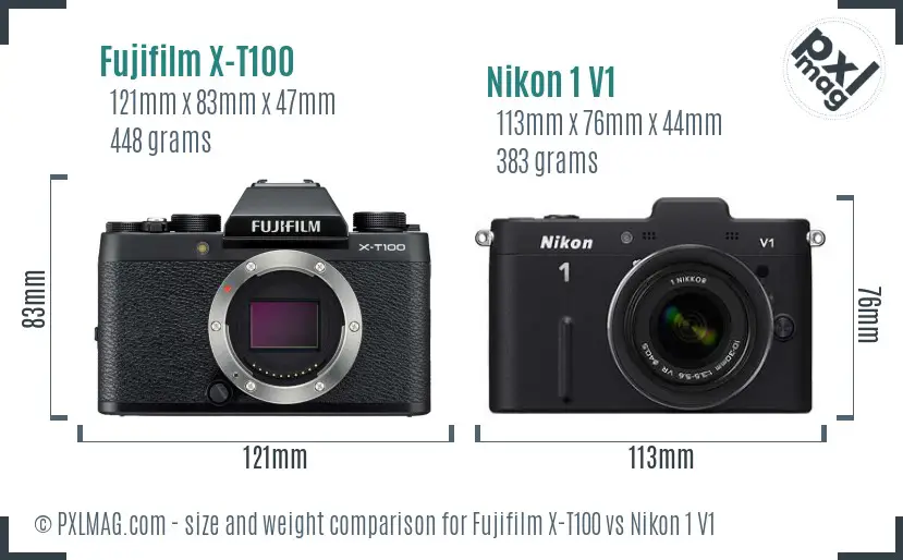 Fujifilm X-T100 vs Nikon 1 V1 size comparison