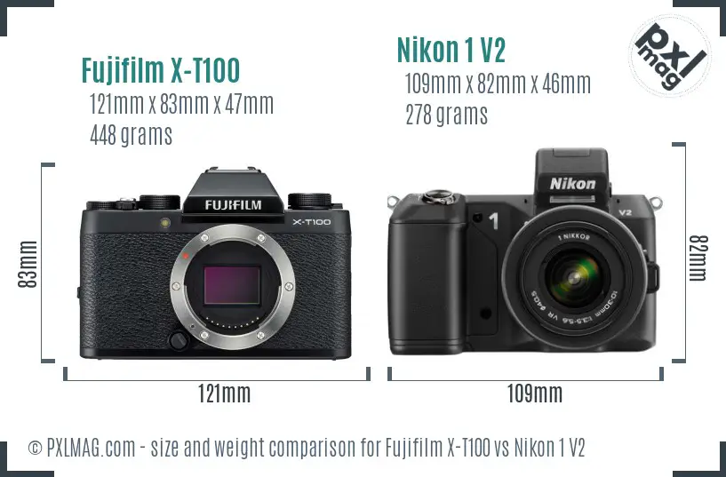 Fujifilm X-T100 vs Nikon 1 V2 size comparison