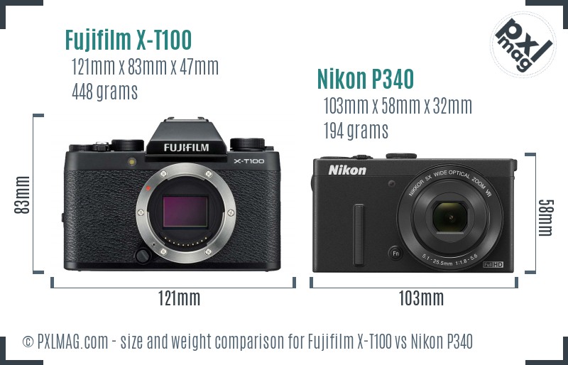 Fujifilm X-T100 vs Nikon P340 size comparison