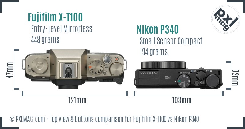 Fujifilm X-T100 vs Nikon P340 top view buttons comparison