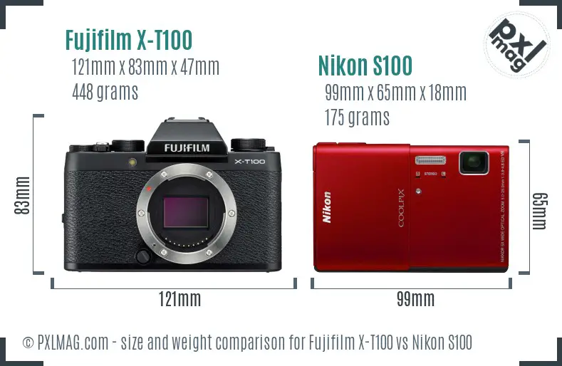 Fujifilm X-T100 vs Nikon S100 size comparison