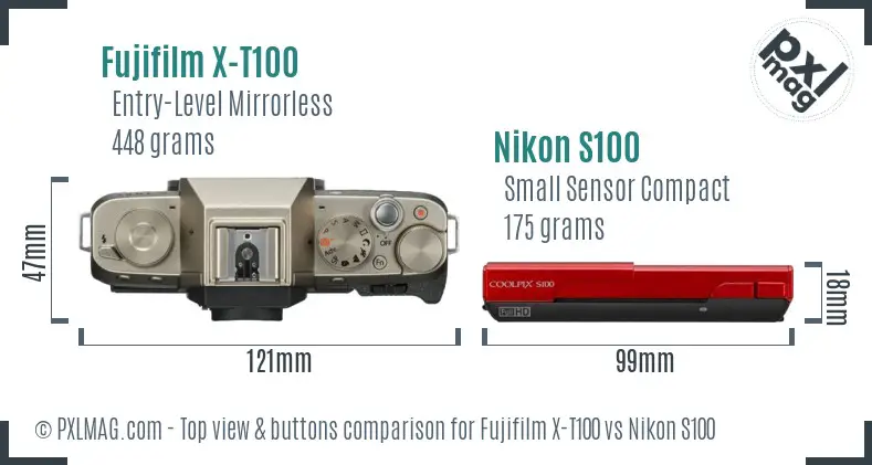 Fujifilm X-T100 vs Nikon S100 top view buttons comparison