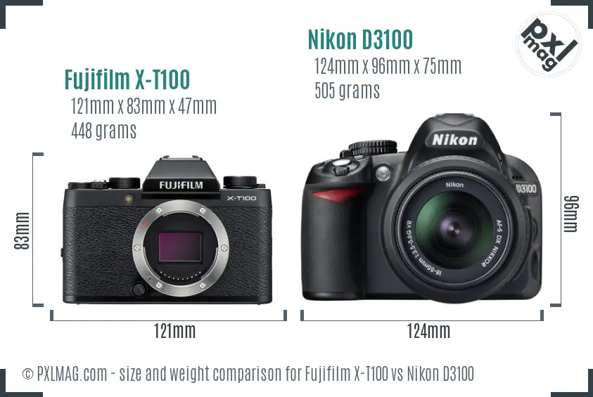 Fujifilm X-T100 vs Nikon D3100 size comparison