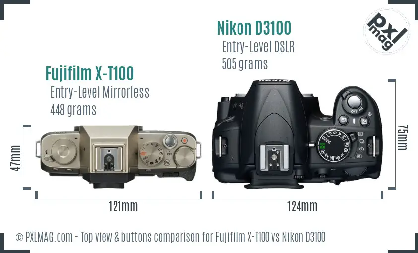 Fujifilm X-T100 vs Nikon D3100 top view buttons comparison