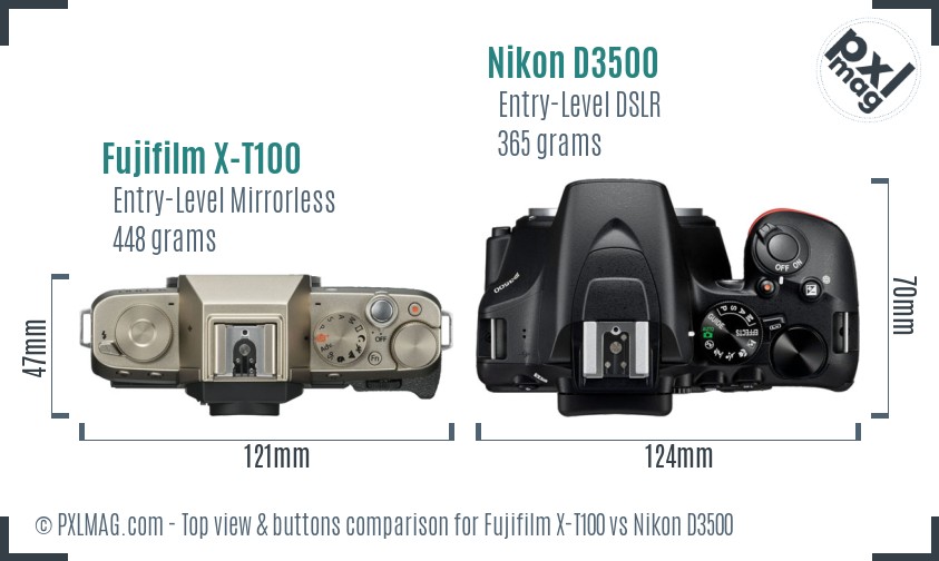 Fujifilm X-T100 vs Nikon D3500 top view buttons comparison
