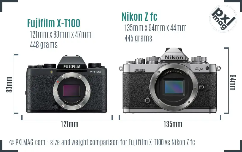 Fujifilm X-T100 vs Nikon Z fc size comparison