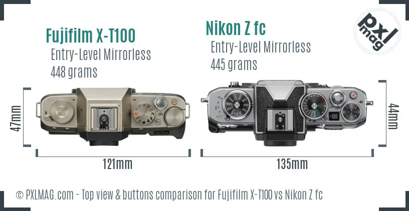 Fujifilm X-T100 vs Nikon Z fc top view buttons comparison
