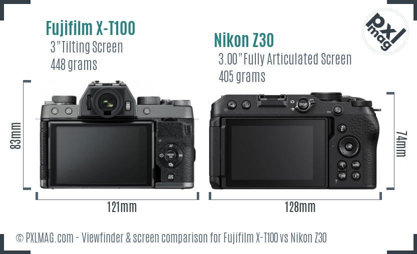 Fujifilm X-T100 vs Nikon Z30 Screen and Viewfinder comparison