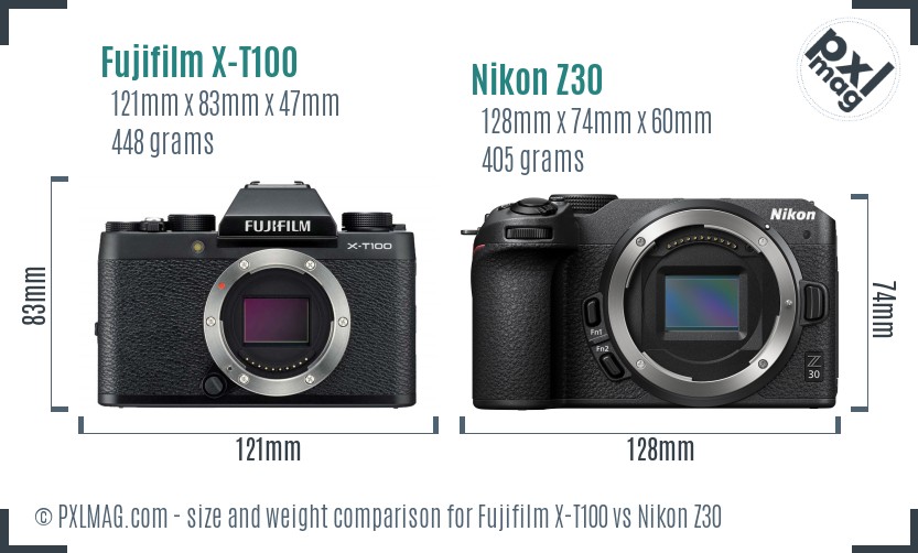 Fujifilm X-T100 vs Nikon Z30 size comparison