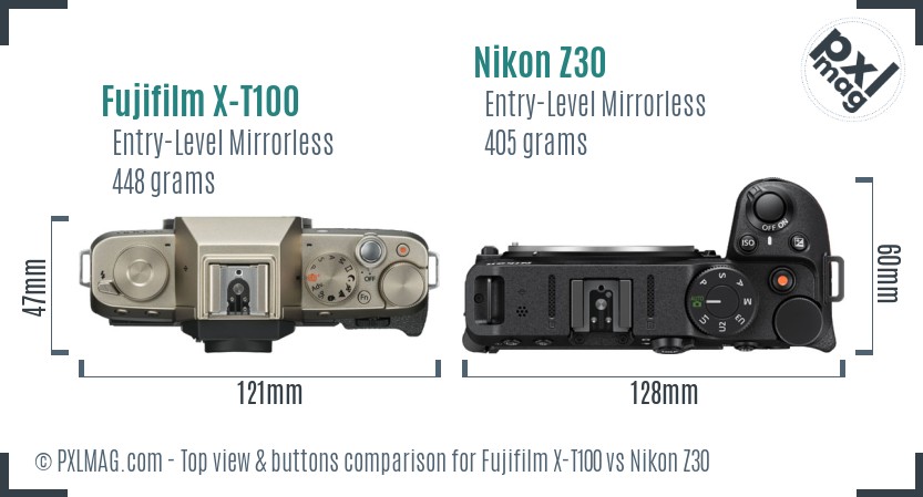 Fujifilm X-T100 vs Nikon Z30 top view buttons comparison