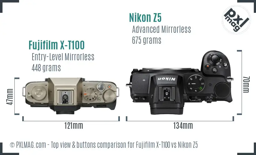 Fujifilm X-T100 vs Nikon Z5 top view buttons comparison