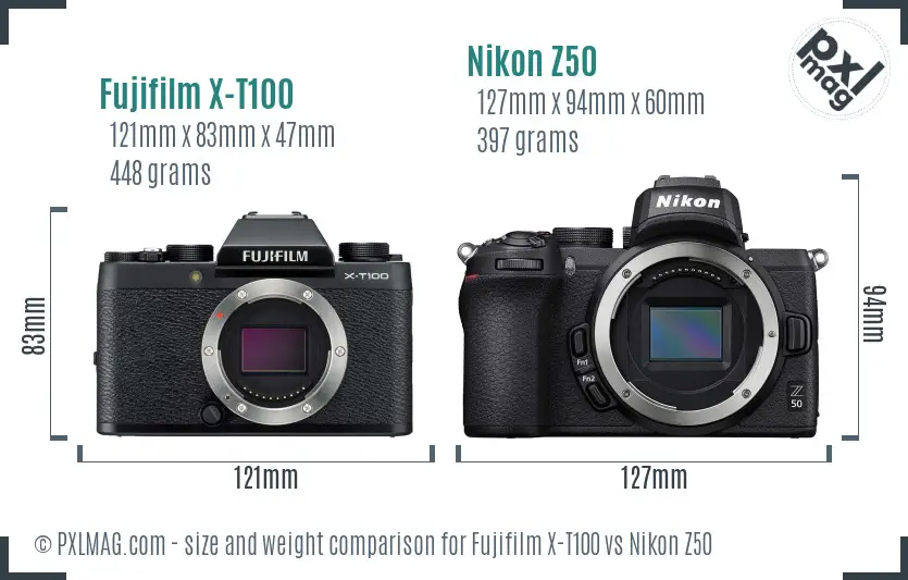 Fujifilm X-T100 vs Nikon Z50 size comparison