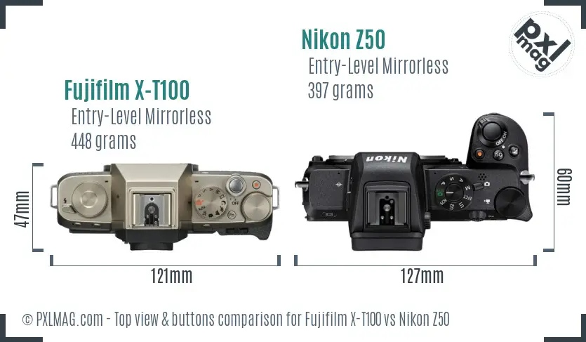 Fujifilm X-T100 vs Nikon Z50 top view buttons comparison