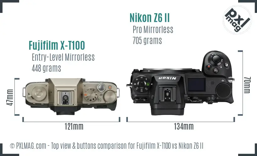 Fujifilm X-T100 vs Nikon Z6 II top view buttons comparison