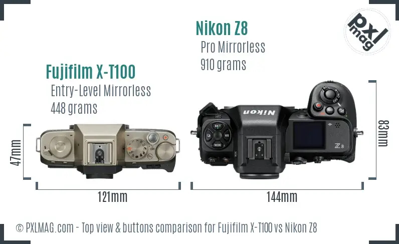 Fujifilm X-T100 vs Nikon Z8 top view buttons comparison Fujifilm X-T100 vs Nikon Z8 top view buttons comparison