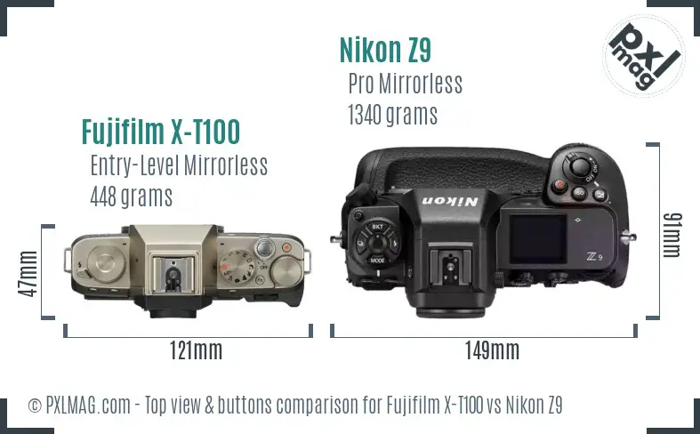 Fujifilm X-T100 vs Nikon Z9 top view buttons comparison