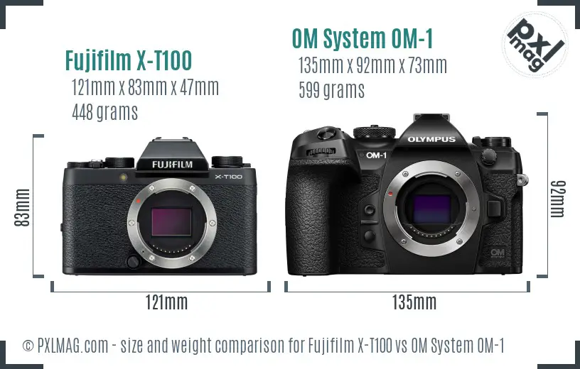 Fujifilm X-T100 vs OM System OM-1 size comparison
