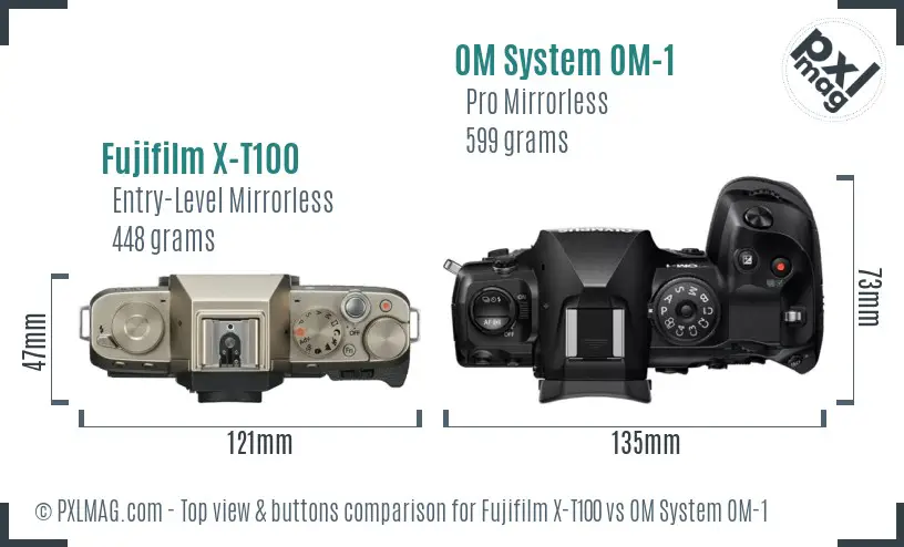 Fujifilm X-T100 vs OM System OM-1 top view buttons comparison