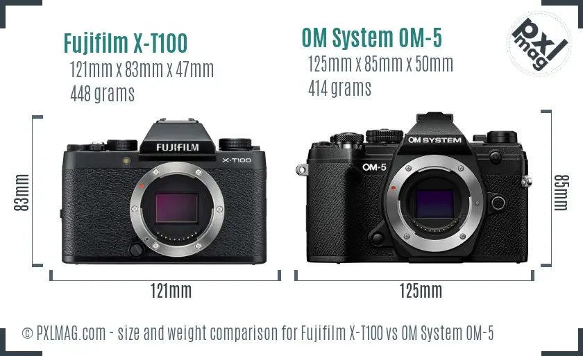 Fujifilm X-T100 vs OM System OM-5 size comparison