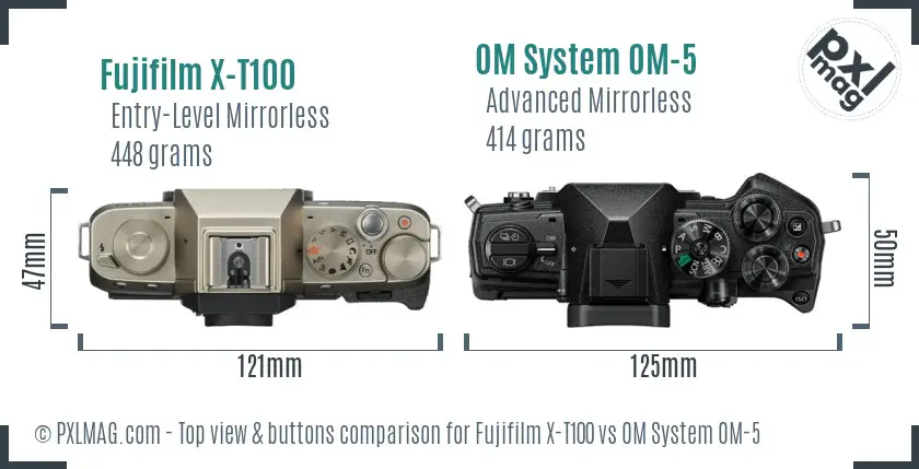 Fujifilm X-T100 vs OM System OM-5 top view buttons comparison