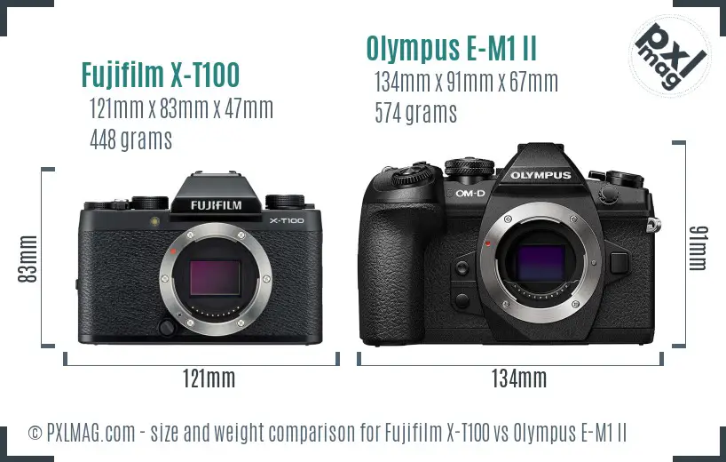 Fujifilm X-T100 vs Olympus E-M1 II size comparison Fujifilm X-T100 vs Olympus E-M1 II size comparison