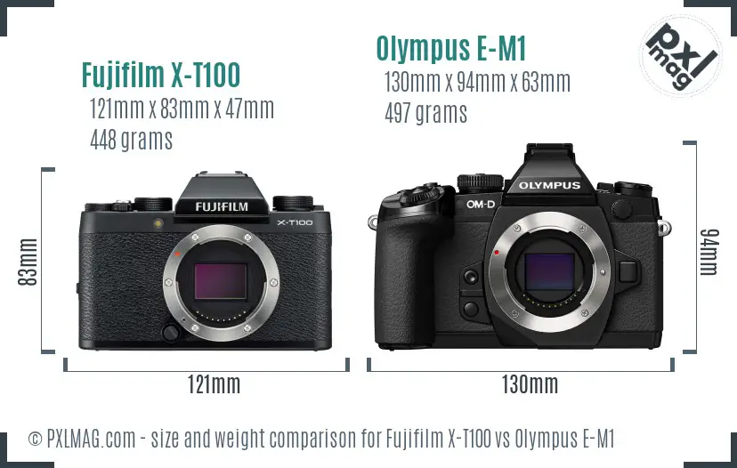 Fujifilm X-T100 vs Olympus E-M1 size comparison Fujifilm X-T100 vs Olympus E-M1 size comparison
