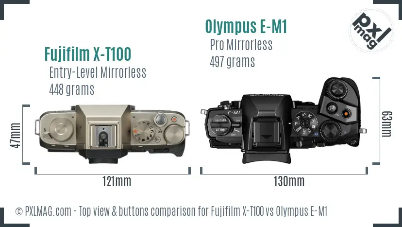 Fujifilm X-T100 vs Olympus E-M1 top view buttons comparison Fujifilm X-T100 vs Olympus E-M1 top view buttons comparison