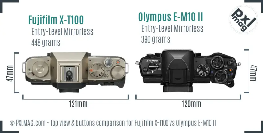Fujifilm X-T100 vs Olympus E-M10 II top view buttons comparison