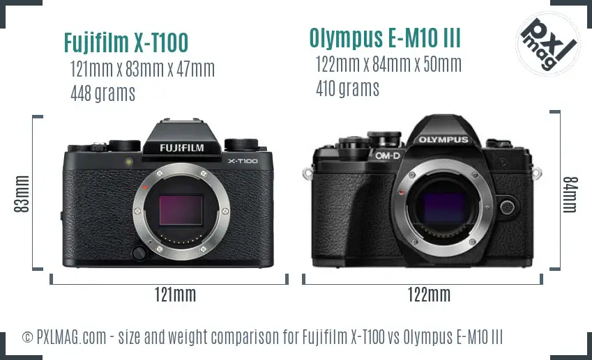 Fujifilm X-T100 vs Olympus E-M10 III size comparison